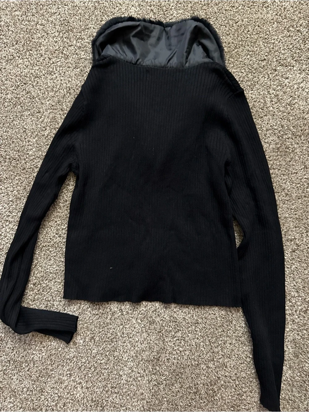 H&M Black Ribbed Cardigan Jacket with Faux-Fur Collar